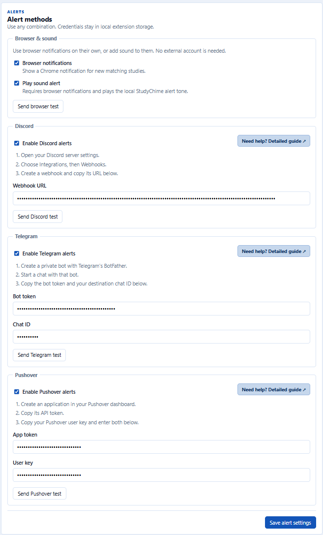 StudyChime Alerts section with browser notifications, optional sound, Discord, Telegram, and Pushover controls.