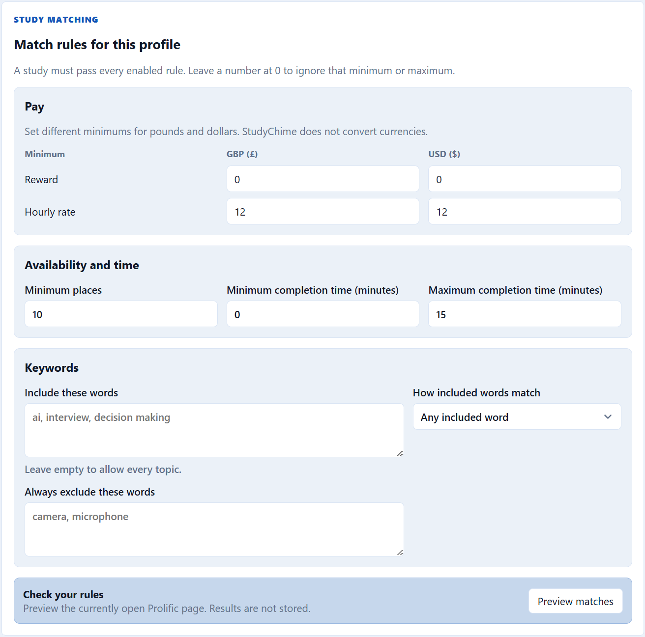 StudyChime profile filters with separate GBP and USD thresholds, availability and time rules, included and excluded keywords, and live preview.