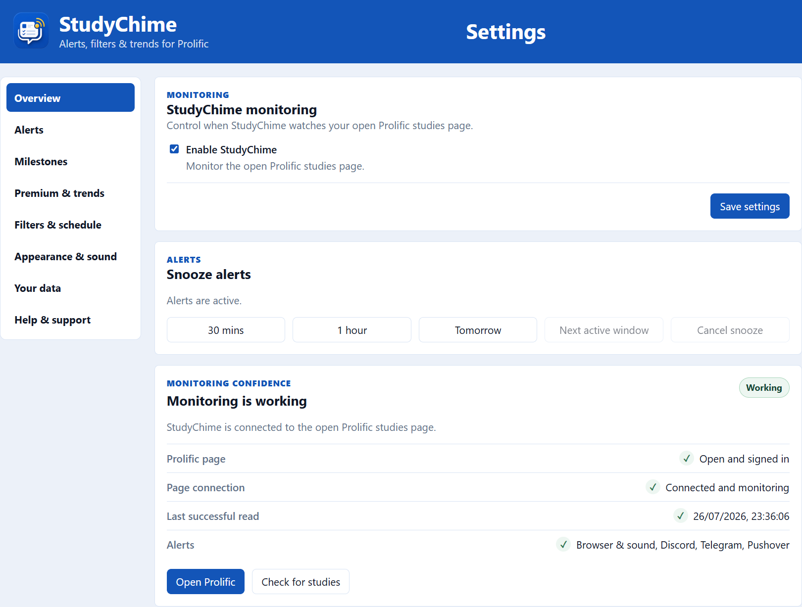 StudyChime Overview showing section navigation, monitoring controls, snooze actions, and Monitoring confidence.