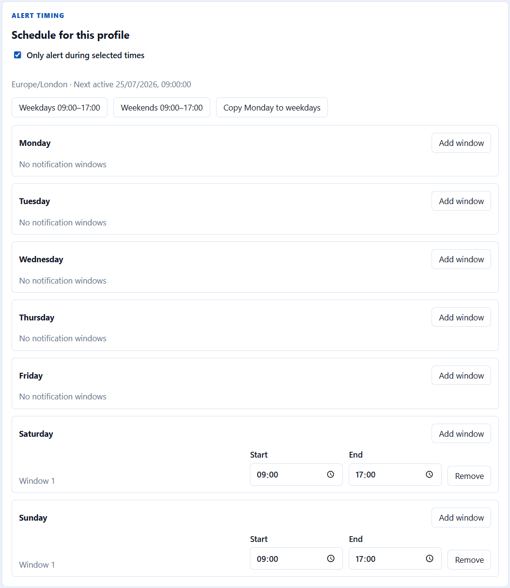 StudyChime profile schedule showing timezone, next active time, weekday and weekend shortcuts, and multiple daily windows.